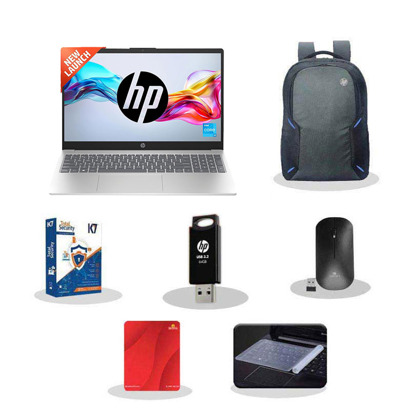 Picture of HP 15 - 12th Gen Intel Core i3-1215U 15.6" (39.6 Cm) 15-fd0061TU Thin & Light Laptop (8GB/ 512GB SSD/ Full HD Display/ Intel UHD Graphics/ Dual Speakers/ Full-size keyboard/ Windows 11 Home/ MS Office/ 1 Year Warranty/ Natural Silver/ 1.59Kg) with Laptop Bag + K7 Antivirus + Wireless Mouse + Mouse Pad + Pendrive + Laptop Key Skin